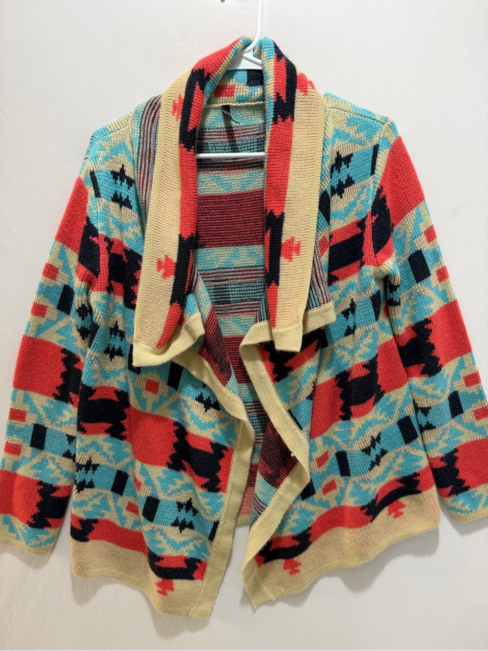 Aztec print cardigan open front fall maximalist large lounge warm cozy FLAWS